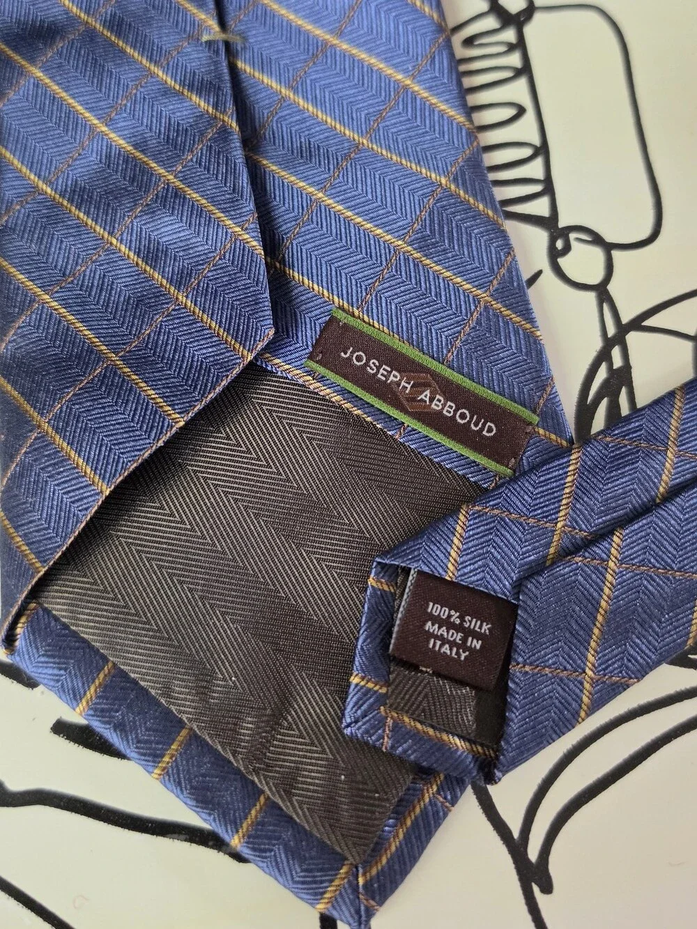 Joseph Abboud Tie Silk Men's Blue Herringbone Grid Plaid Geometric Italy 61